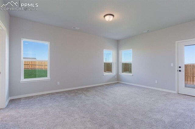 unfurnished room featuring light colored carpet