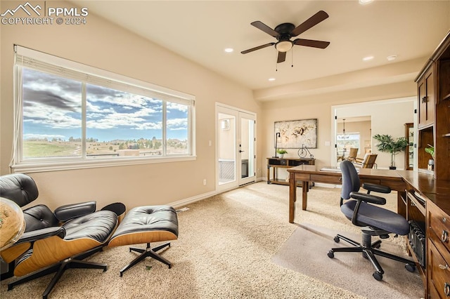 office featuring light carpet and ceiling fan