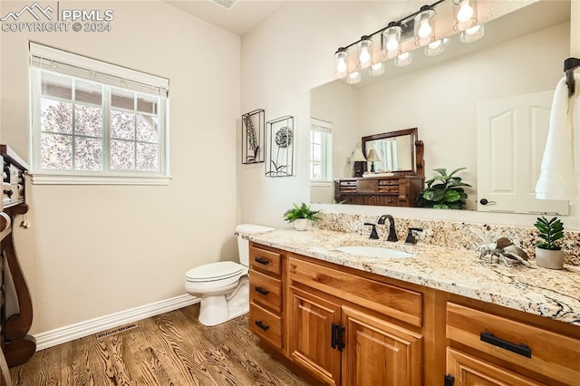 bathroom featuring vanity, hardwood / wood-style floors, and toilet