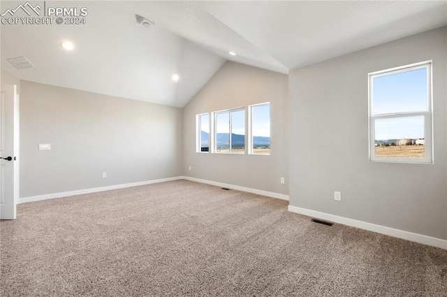 empty room with carpet floors and lofted ceiling