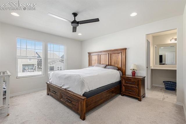 carpeted bedroom with ceiling fan