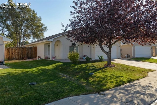 ranch-style house with a front yard and a garage