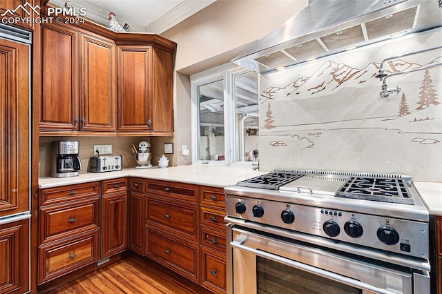 kitchen featuring hardwood / wood-style floors, stainless steel stove, and ornamental molding