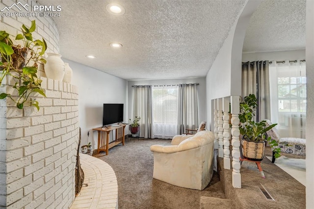 carpeted living room featuring a textured ceiling