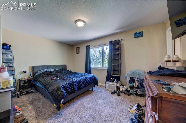 carpeted bedroom featuring a textured ceiling