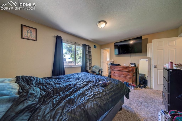 bedroom with light carpet and a textured ceiling