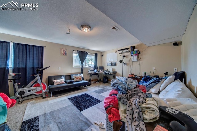 carpeted living room with a textured ceiling