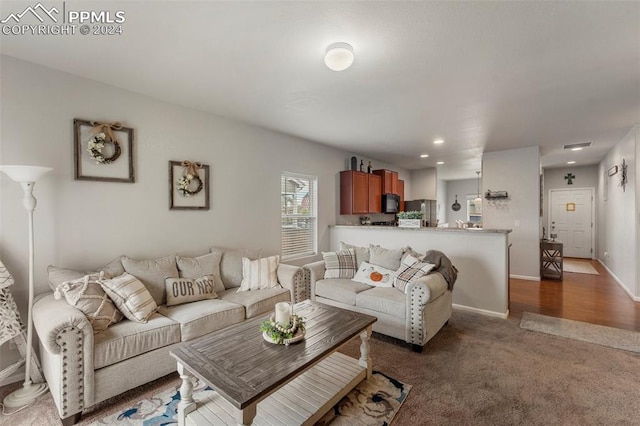 living room featuring dark wood-type flooring