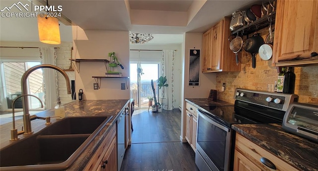 kitchen featuring stainless steel appliances, sink, tasteful backsplash, a raised ceiling, and dark wood-type flooring