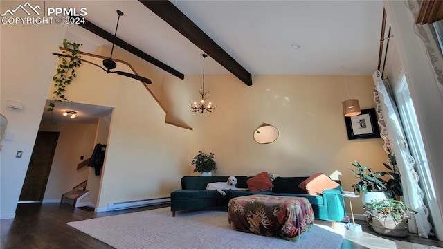 living room featuring wood-type flooring, high vaulted ceiling, beamed ceiling, baseboard heating, and ceiling fan with notable chandelier