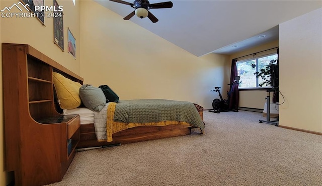 bedroom with baseboard heating, light carpet, and ceiling fan