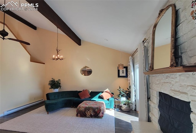 living room with baseboard heating, an inviting chandelier, a fireplace, wood-type flooring, and lofted ceiling with beams