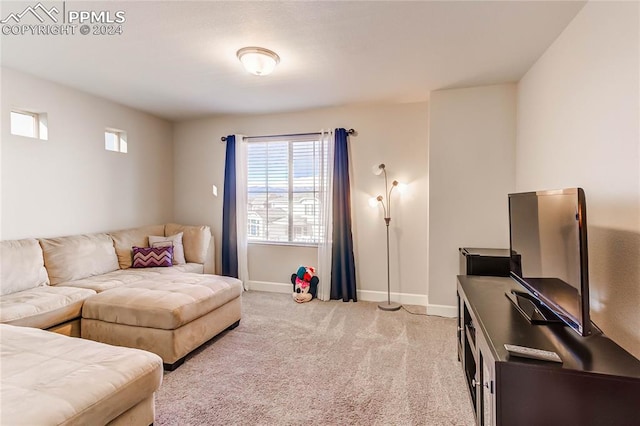 living room featuring light carpet