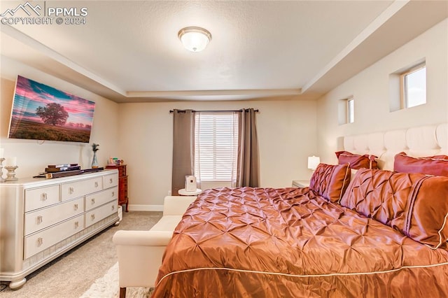 bedroom with light carpet and a tray ceiling