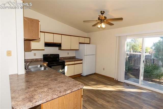 kitchen featuring black electric range oven, dark hardwood / wood-style floors, sink, vaulted ceiling, and white refrigerator