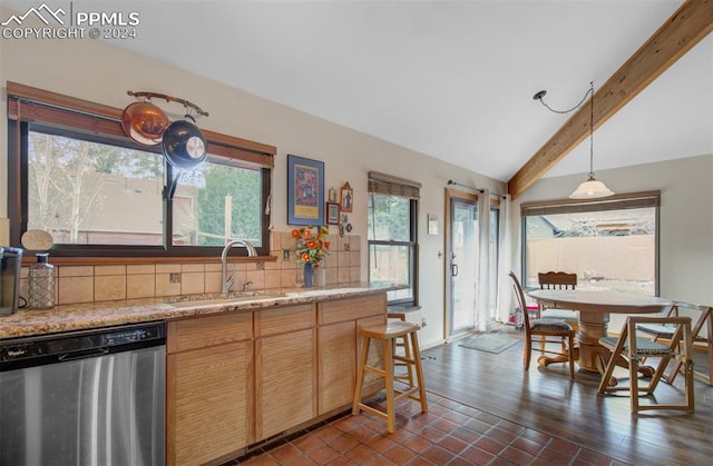 kitchen with dishwasher, vaulted ceiling with beams, sink, backsplash, and light stone counters