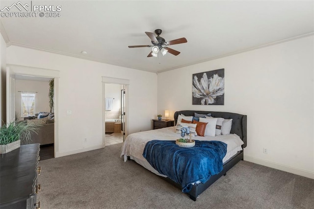 bedroom featuring crown molding, ensuite bathroom, carpet, and ceiling fan