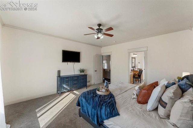 carpeted bedroom featuring ornamental molding and ceiling fan