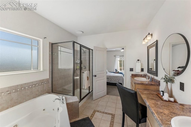 bathroom with vanity, ceiling fan, separate shower and tub, and tile patterned flooring