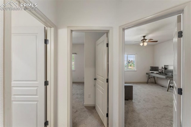 hallway featuring light colored carpet