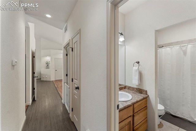 bathroom featuring vanity, hardwood / wood-style floors, toilet, and a shower with shower curtain