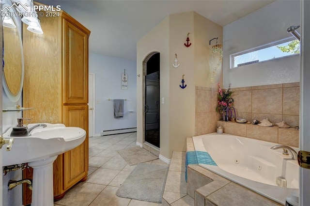 bathroom with baseboard heating, separate shower and tub, and tile patterned flooring