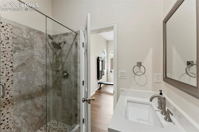 bathroom with a shower with door, vanity, and wood-type flooring