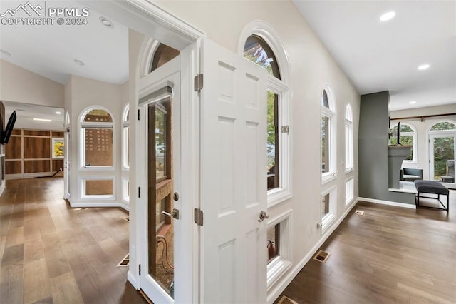 entrance foyer with vaulted ceiling and dark hardwood / wood-style flooring