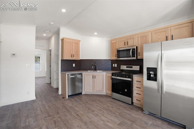 kitchen with wood-type flooring, appliances with stainless steel finishes, light brown cabinetry, and sink