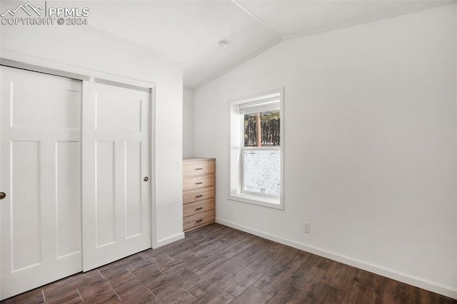 unfurnished bedroom featuring hardwood / wood-style floors, a closet, and lofted ceiling