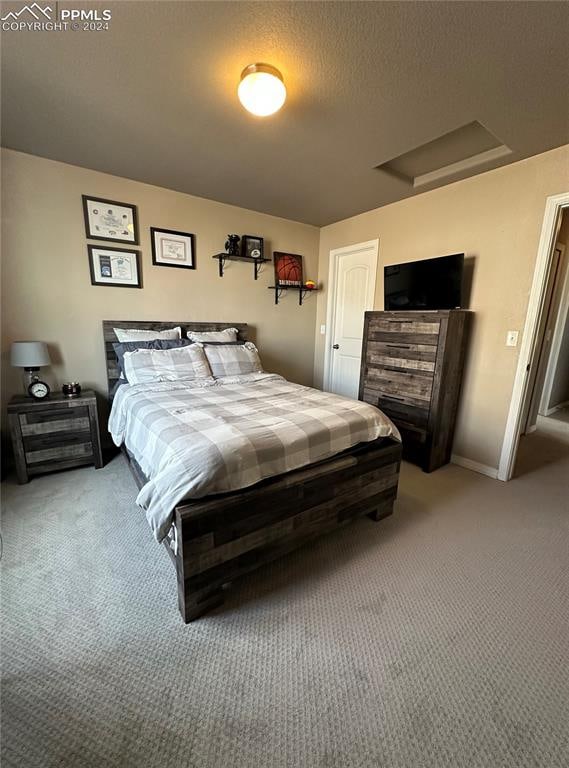 bedroom featuring carpet and a textured ceiling