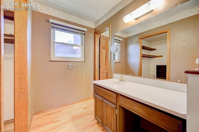 bathroom with vanity, a textured ceiling, and wood-type flooring