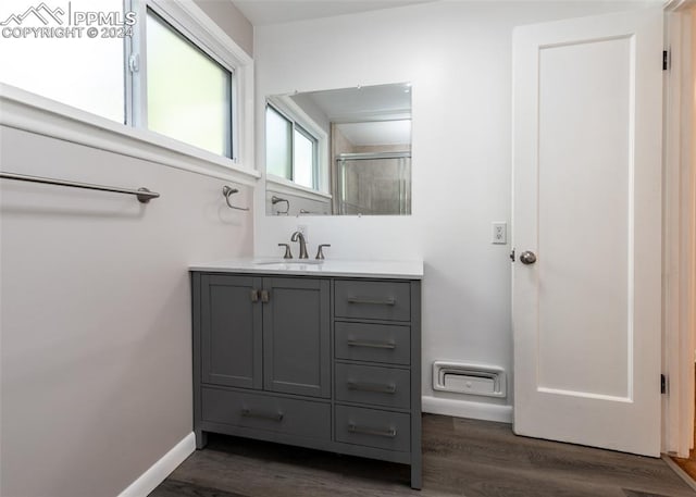 bathroom featuring vanity, a shower, and wood-type flooring