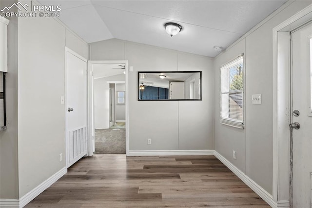 interior space featuring ceiling fan, lofted ceiling, and hardwood / wood-style floors