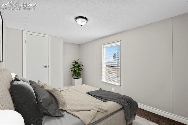 carpeted bedroom with a textured ceiling