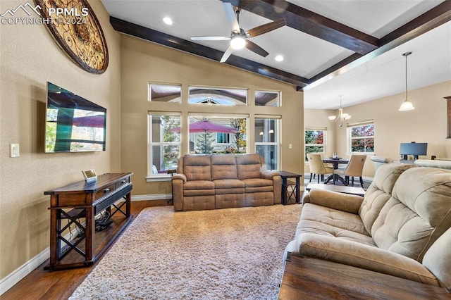 living room featuring beamed ceiling, ceiling fan with notable chandelier, and dark hardwood / wood-style flooring