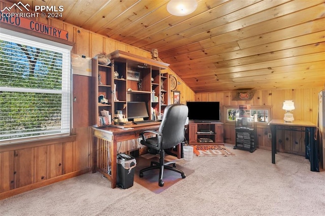 office space featuring wood walls, light carpet, lofted ceiling, and wooden ceiling