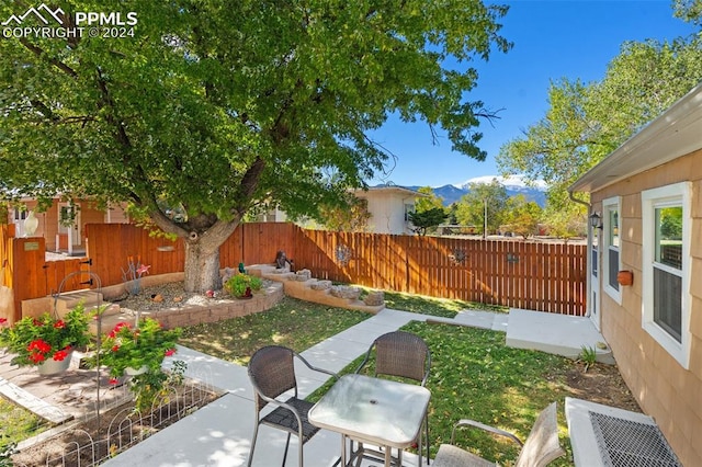 view of yard featuring a mountain view and a patio