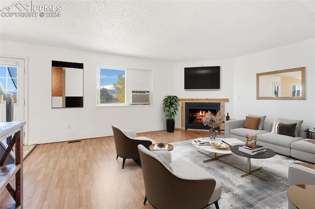 living room with a textured ceiling, plenty of natural light, and light wood-type flooring