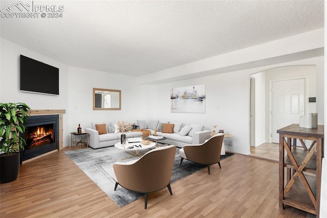 living room with a textured ceiling and light hardwood / wood-style floors