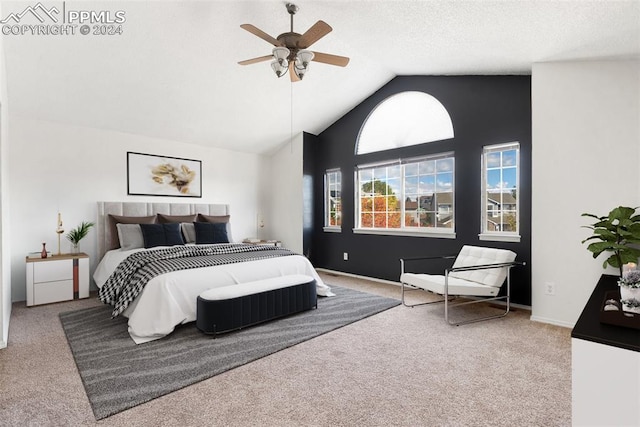 bedroom with lofted ceiling, carpet flooring, and ceiling fan