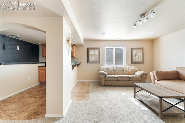 carpeted living room with a textured ceiling