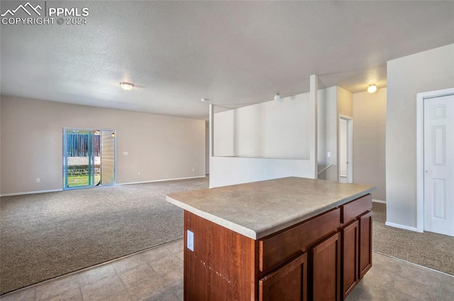 kitchen with light carpet and a kitchen island