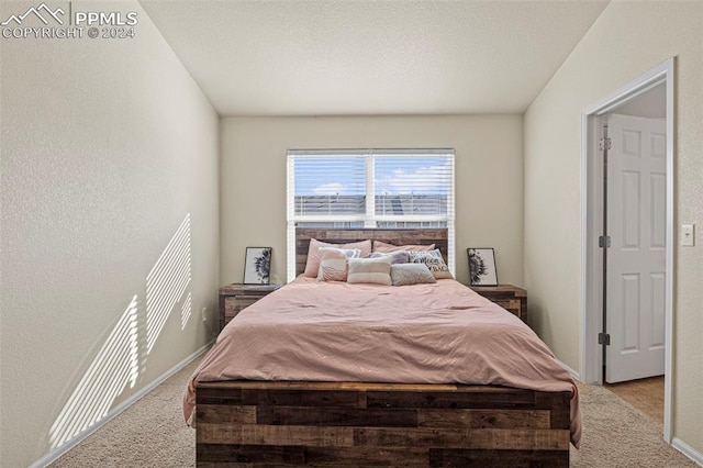 bedroom with light carpet