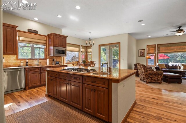 kitchen featuring appliances with stainless steel finishes, a kitchen island with sink, a wealth of natural light, light hardwood / wood-style floors, and sink