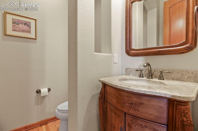 bathroom featuring vanity, toilet, and wood-type flooring