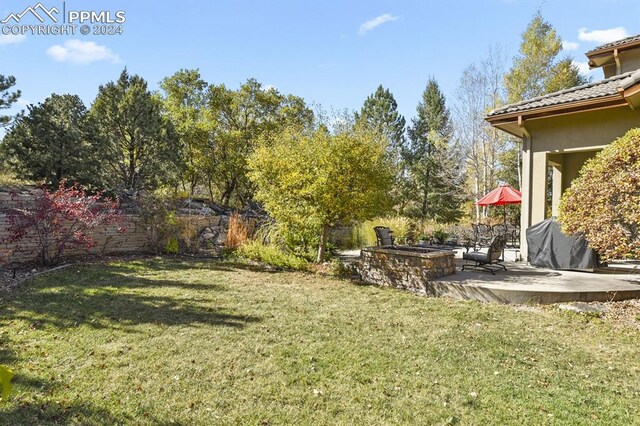 view of yard featuring a patio area and a fire pit