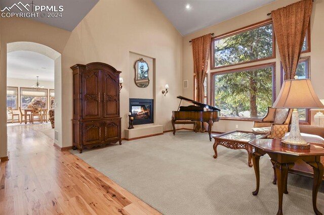 sitting room featuring light hardwood / wood-style flooring and high vaulted ceiling