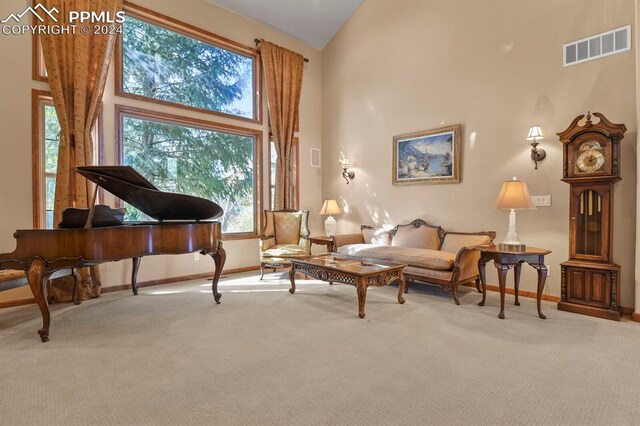 sitting room featuring high vaulted ceiling and carpet floors