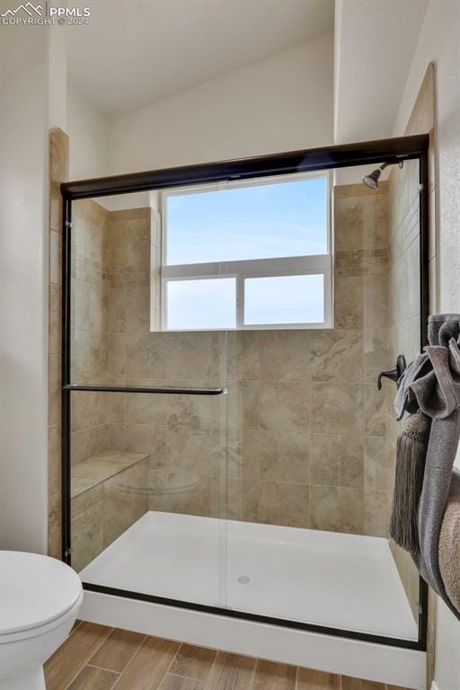 bathroom featuring toilet, a wealth of natural light, and an enclosed shower